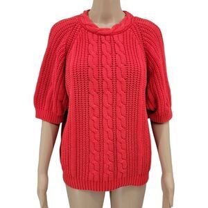 Crystal Sportswear Women's Coral Red Cable Knit Short Sleeve Sweater